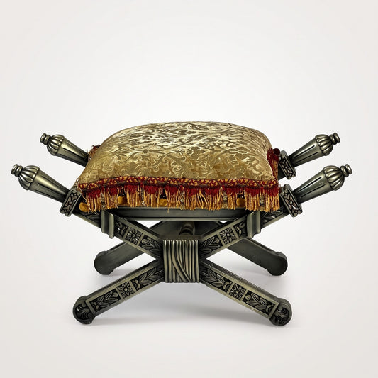 Carved X-Frame Stool - Gold Damask, Torch Finial
