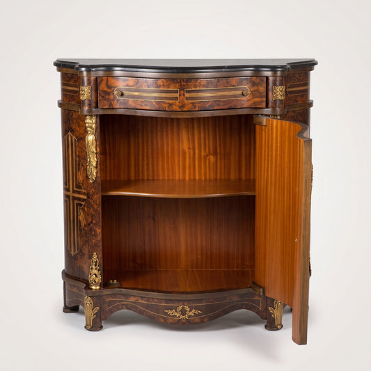 Burl Veneer Side Cabinet with Marble Top