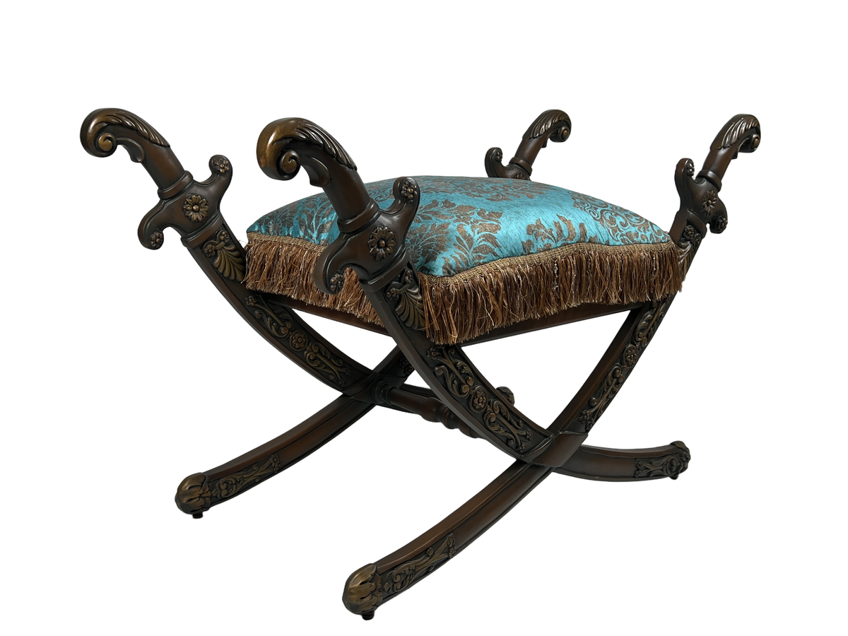 Carved Sword-Arm Stool - Teal Damask