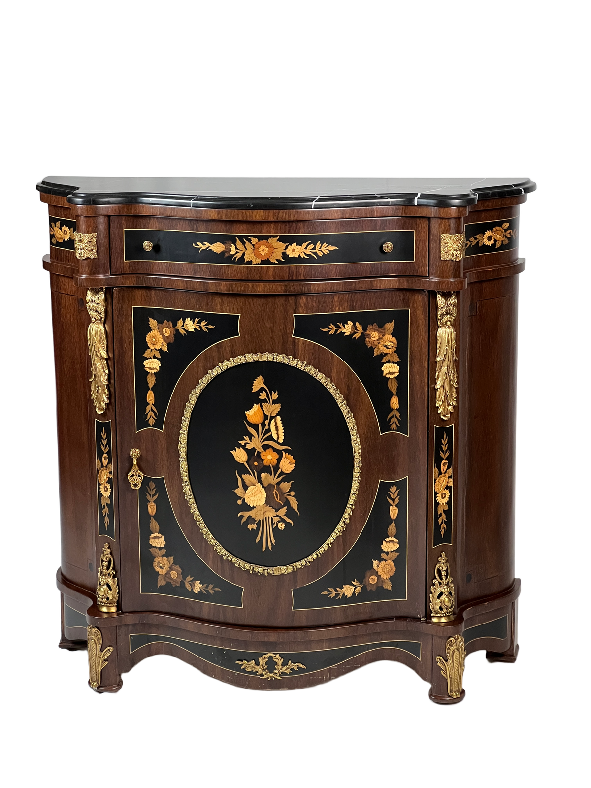 Marquetry Side Cabinet with Marble Top