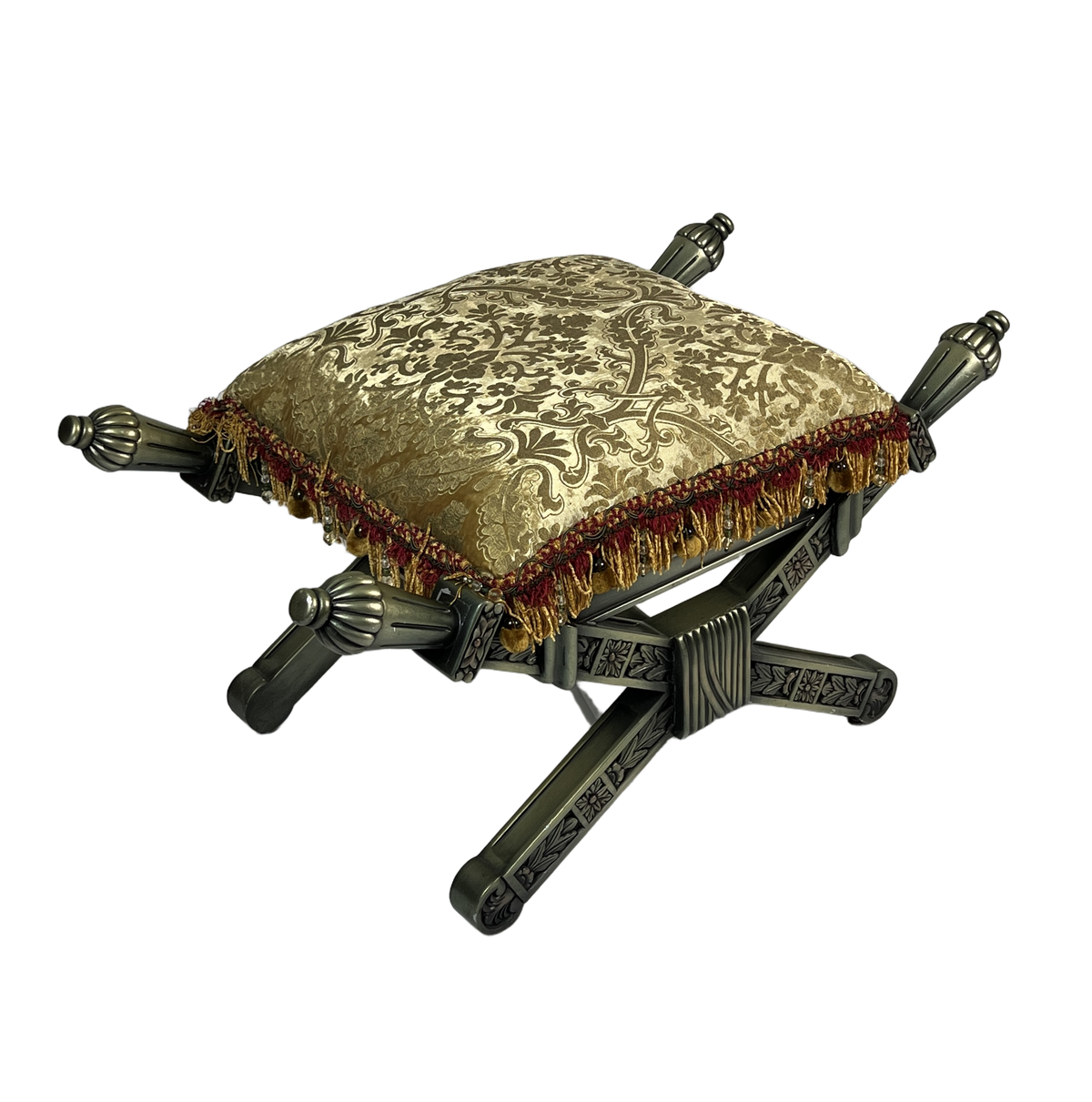 Carved X-Frame Stool - Gold Damask, Torch Finial