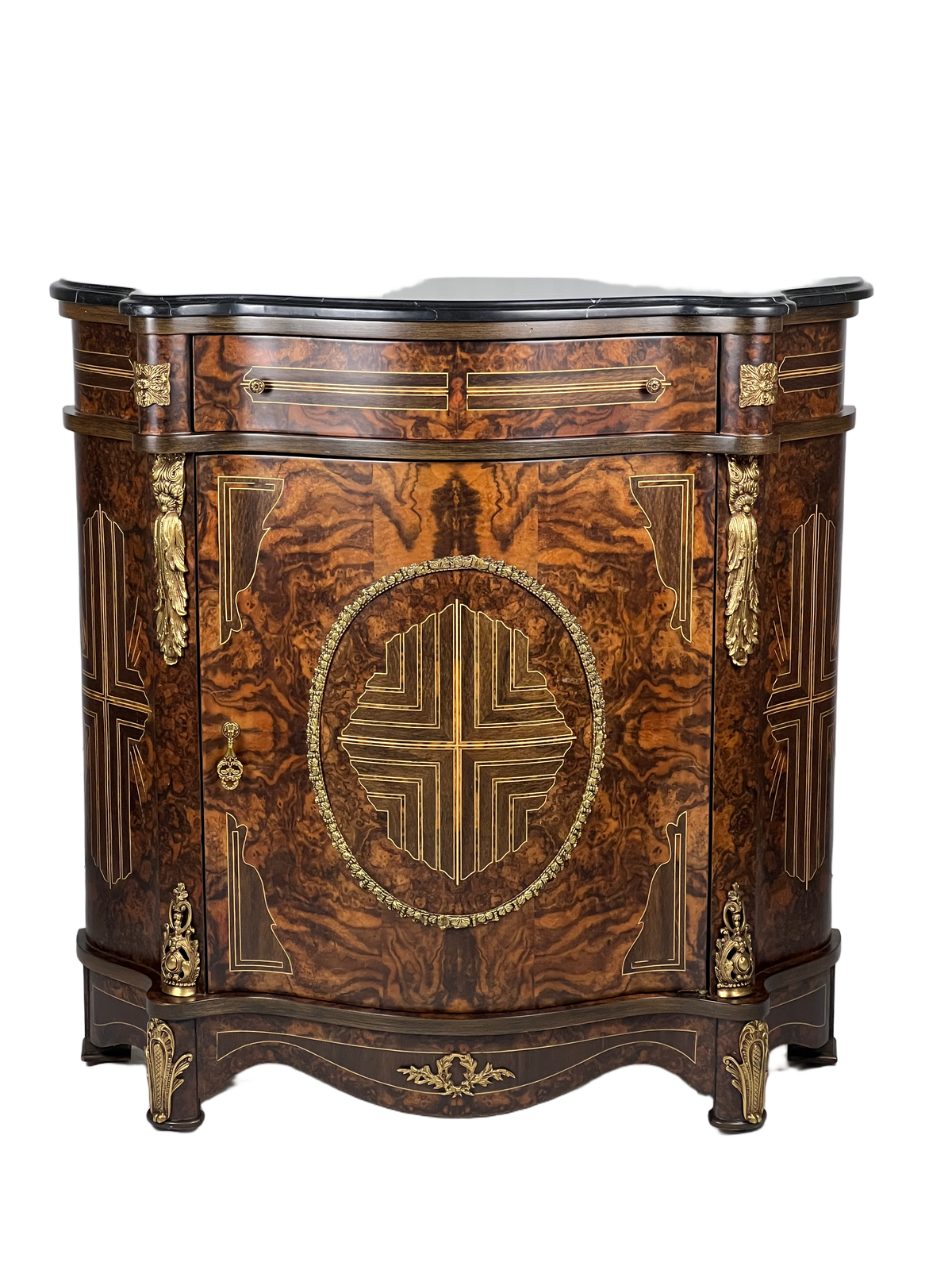 Burl Veneer Side Cabinet with Marble Top