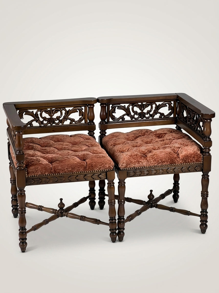 Carved Corner Bench Set, 2 Pieces