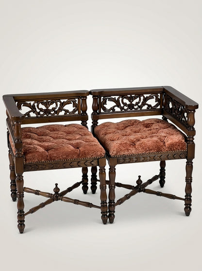 Carved Corner Bench Set, 2 Pieces