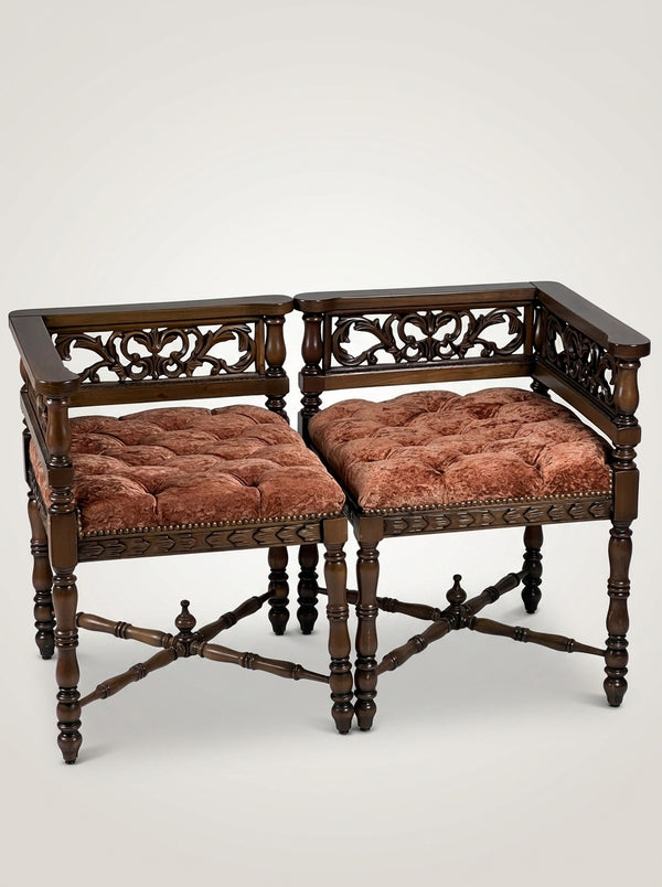 Carved Corner Bench Set, 2 Pieces