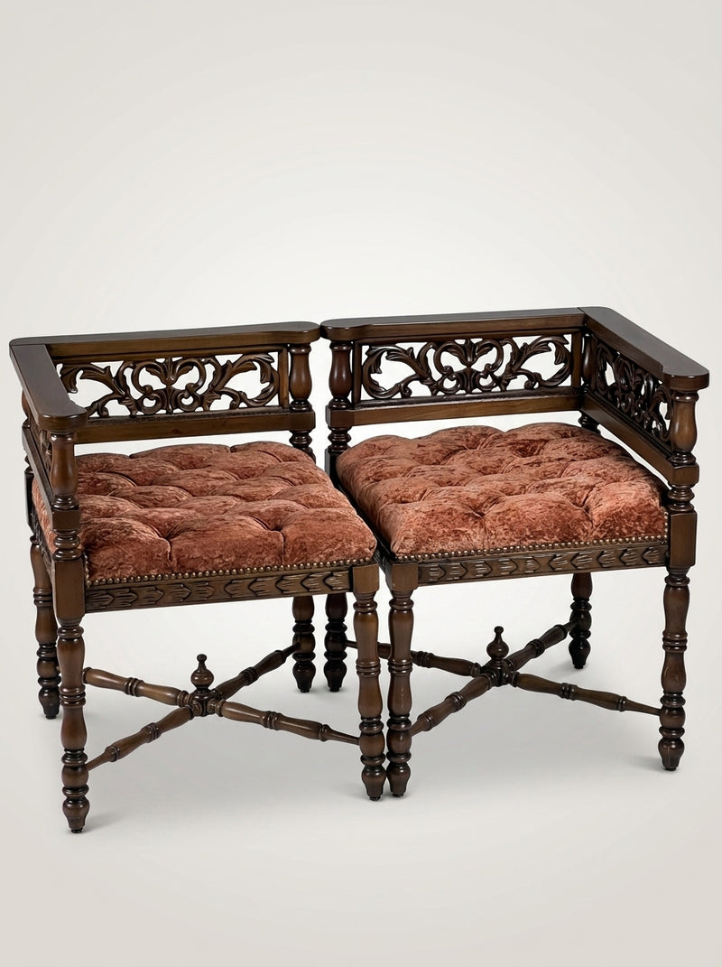 Two-piece carved corner bench set joined into an L, with tufted velvet seats