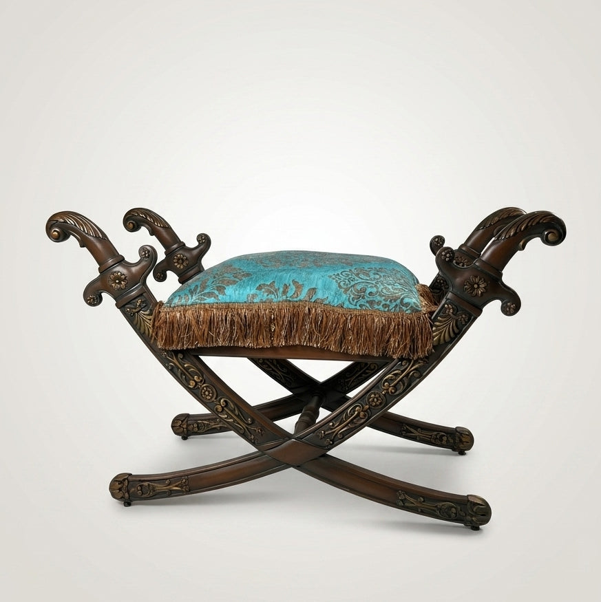 Carved Sword-Arm Stool -Teal Damask