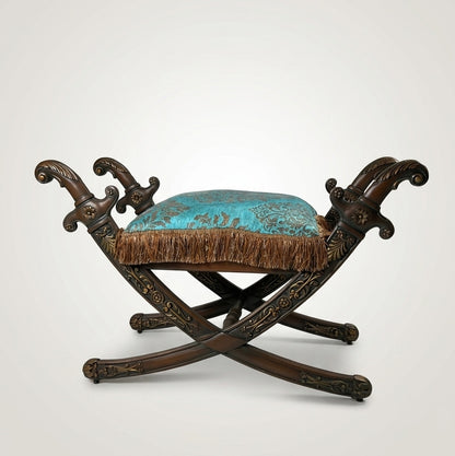 Carved Sword-Arm Stool -Teal Damask