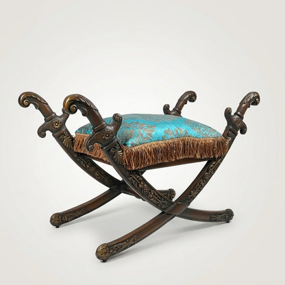Carved Sword-Arm Stool -Teal Damask