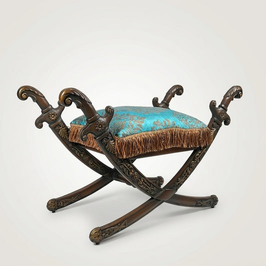 Carved Sword-Arm Stool -Teal Damask