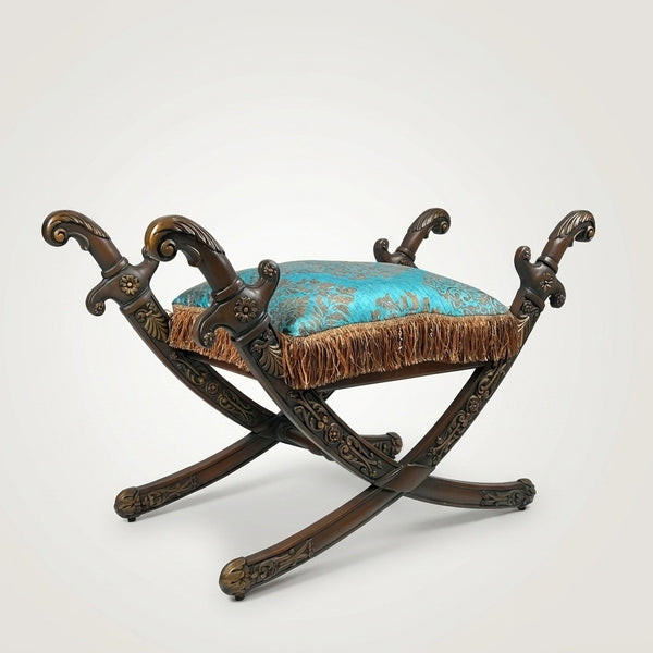 Carved Sword-Arm Stool -Teal Damask