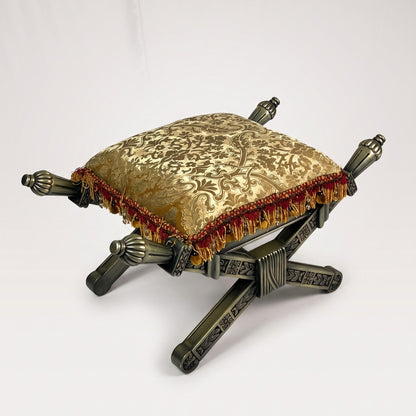 Carved X-Frame Stool - Gold Damask, Torch Finial