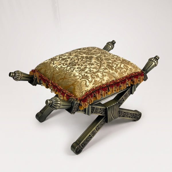 Carved X-Frame Stool - Gold Damask, Torch Finial
