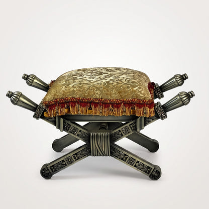 Carved X-Frame Stool - Gold Damask, Torch Finial