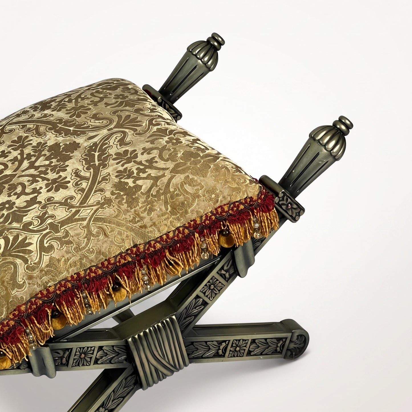 Carved X-Frame Stool - Gold Damask, Torch Finial