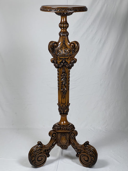 Carved Pedestal Stand - Walnut Finish