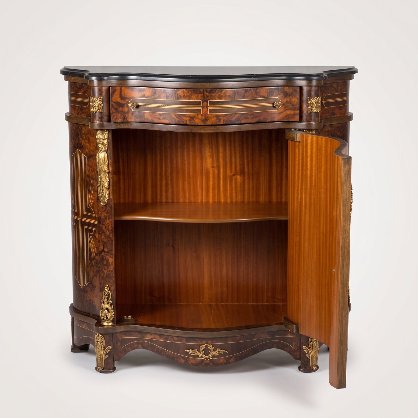 Burl Veneer Side Cabinet with Marble Top