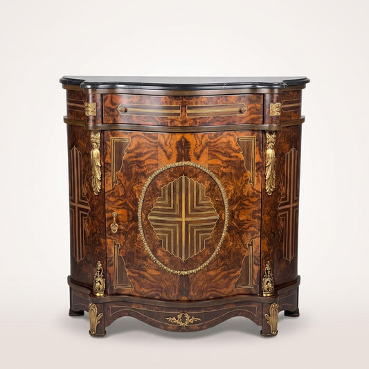 Burl Veneer Side Cabinet with Marble Top