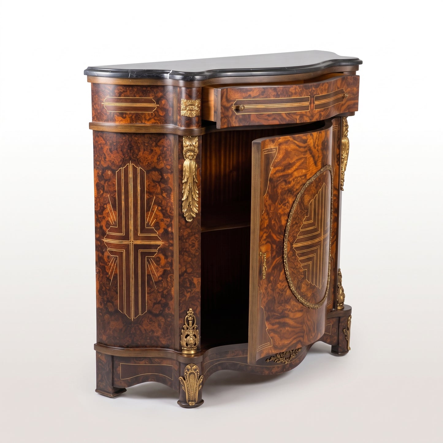 Burl Veneer Side Cabinet with Marble Top