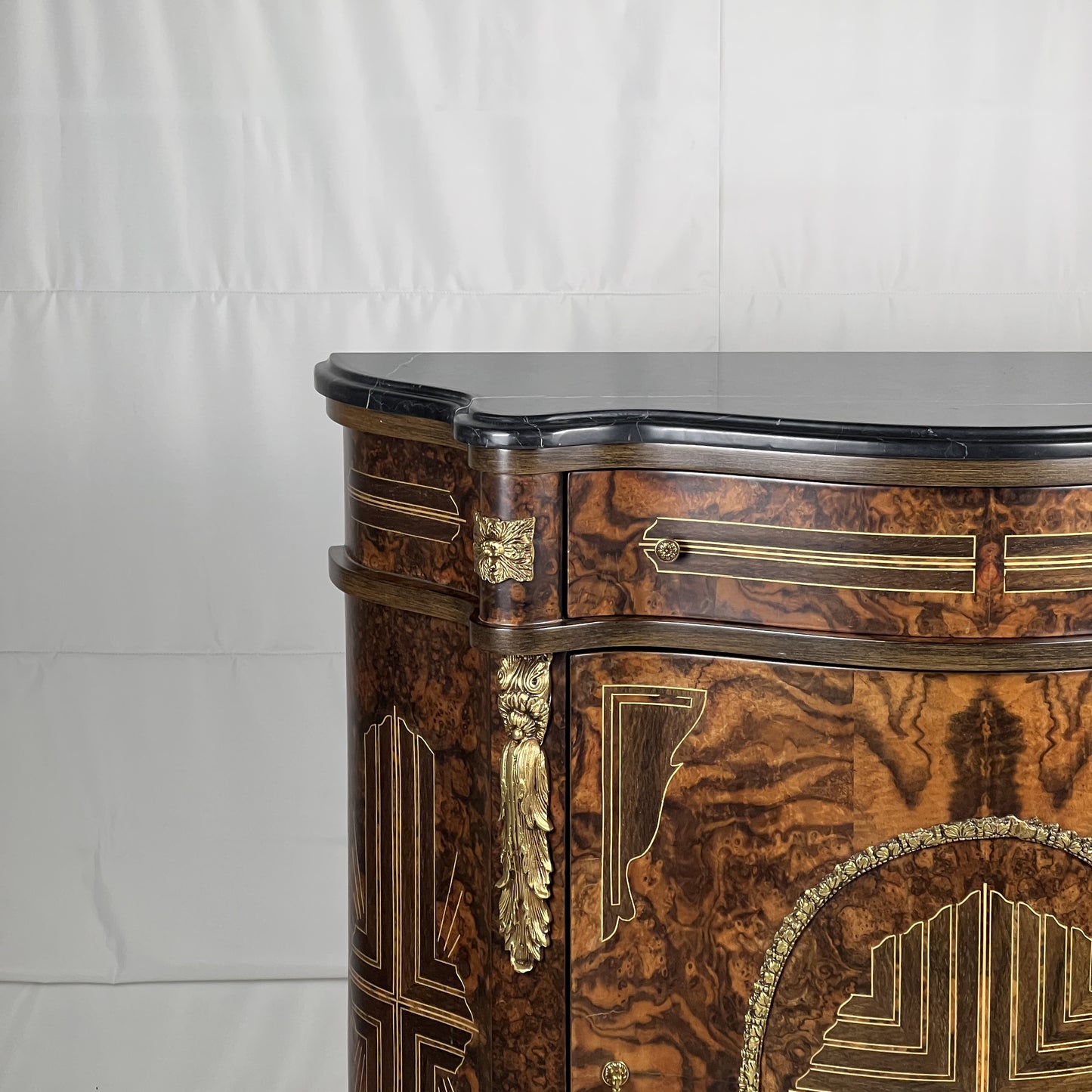 Burl Veneer Side Cabinet with Marble Top
